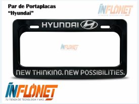 Par de portaplacas para carros hyundai color negro con logotipos plateados y eslogan New Thinking New Possibilities Inflonet Guatemala