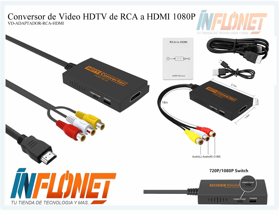 Conversor de Video HDTV de RCA a HDMI 1080P para Consolas o DVD con cable HDMI