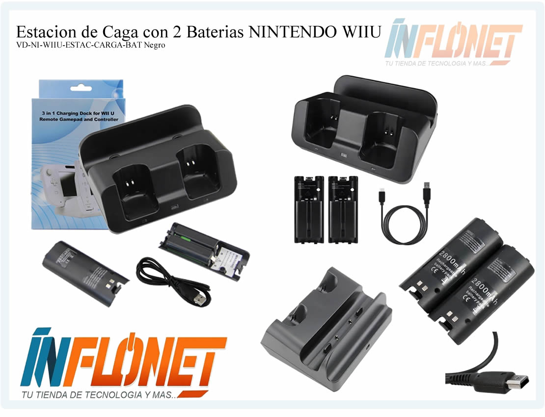 Estacion de Caga con 2 Baterias compatible para NINTENDO WII U NEGRO